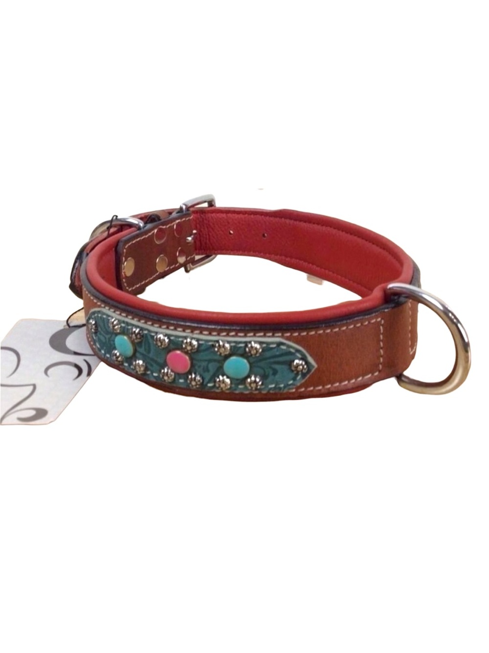 Mad Cow genuine leather jewelry dog collar handmade red pink turquoise studded